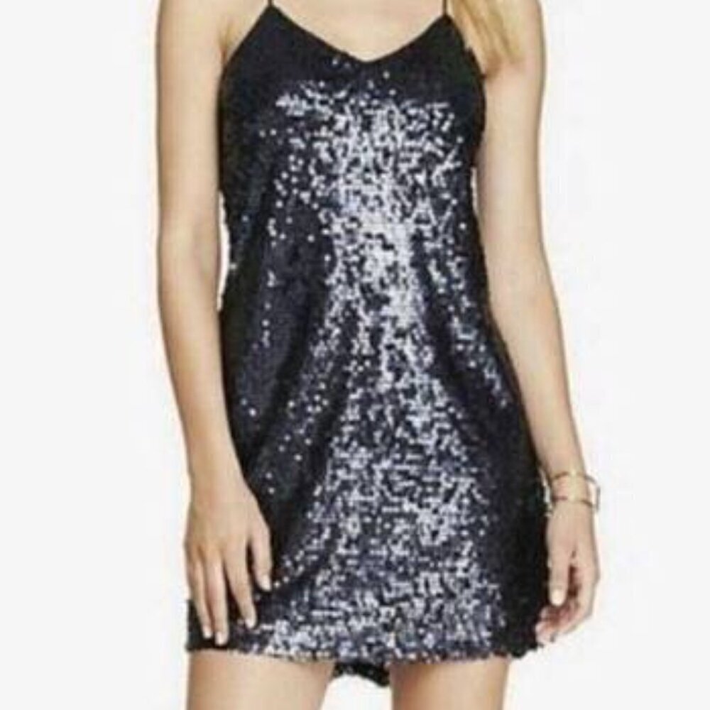 Express Navy Blue Gunmetal Cocktail Sequin Party Glam Cami Mini Dress Size S